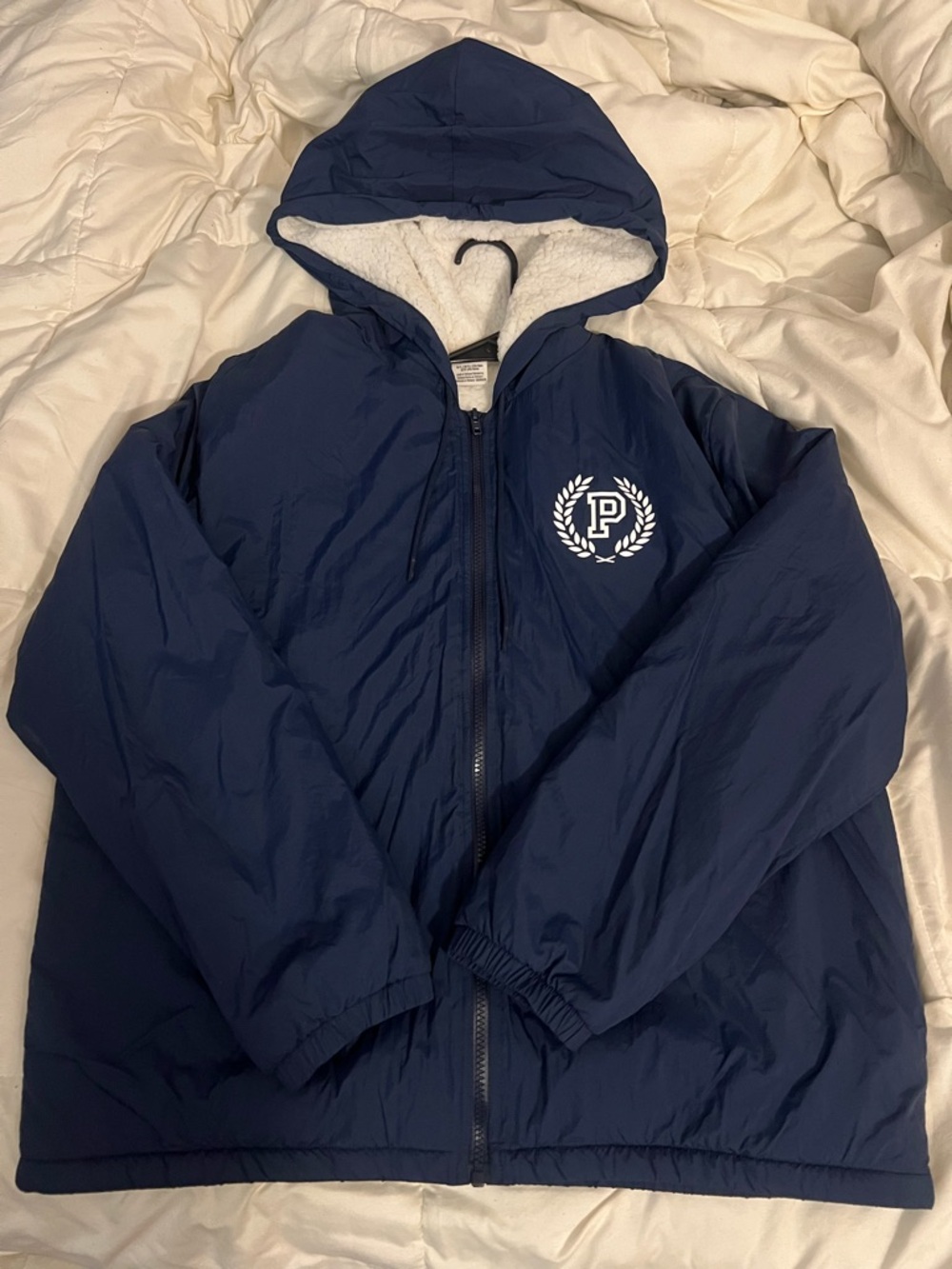 Navy Hooded Puffer Jacket with White Pink Logo